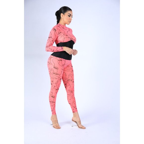 Face Contour Drawing Mesh Skinny Jumpsuit Long Sleeve Neon Pink Mock Neck - Picture 6 of 7